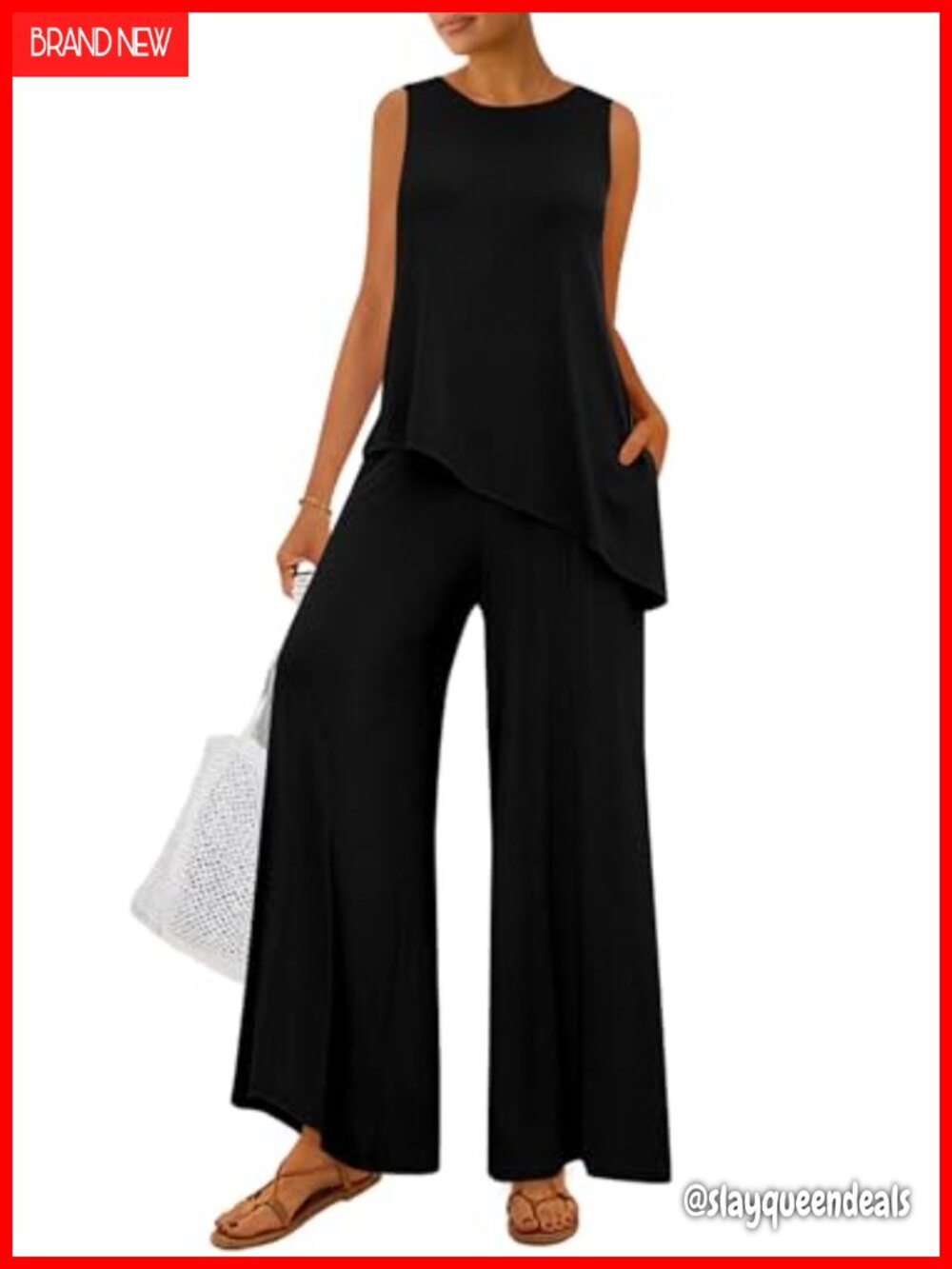 Ribbed Knit 2 Piece Lounge Set Sleeveless Tank Wide Leg Pants Women